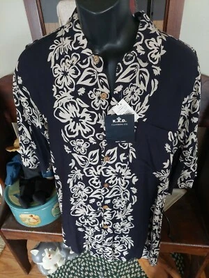 K.A.D. HAWAIIAN SHIRT MEN'S SIZE L BLUE FLORAL POCKET FRONT RAYON  - Image 1 of 4
