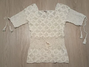 Vtg 70s DION'S Ivory Cream Cotton Crochet Open Knit Boho Hippie Tunic Top S - Picture 1 of 9