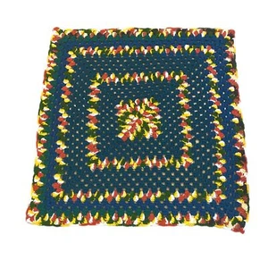 Small Square Crochet Throw Red Orange, Yellow, White, Brown and Green 30" x 30" - Picture 1 of 7