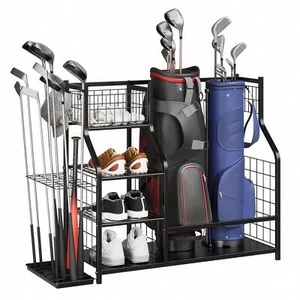 Golf Bag Organizer with Baskets & Hooks - Garage Storage Rack for Clubs - Picture 1 of 14