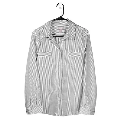 Chico's 女式衬衫 2 L 12 黑色白色条纹弹力纽扣学院风标签 — 第 1/4 张图片