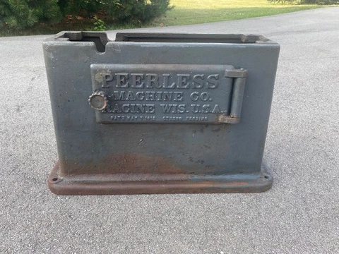 Antique Vintage PEERLESS Embossed Cast Iron Industrial Stand Base Racine WI 1912 Cover