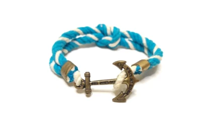 KIEL JAMES PATRICK PULSEIRA ÂNCORA BRONZE CORDÃO DE ALGODÃO BRANCO AZUL - Imagem 1 de 4