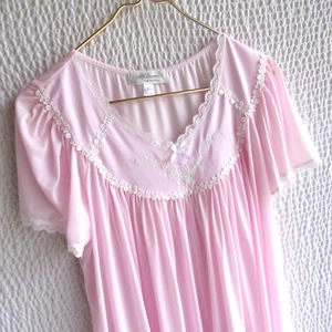 Miss Elaine Silk Essence Pink L Long Nightgown Short Sleeves Lace Embroidered - Picture 1 of 11