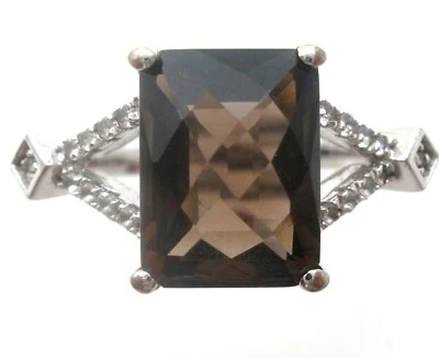 Anillo de cuarzo marrón Bellissima corte esmeralda con topacio blanco plata de ley talla 7 Foto 1 de 4