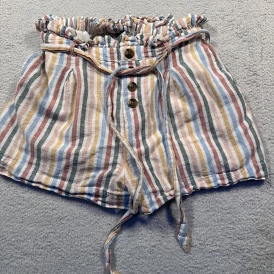 Pantalones Cortos American Eagle Algodón Lino Rayas XS Tiro Alto Bolsa de Papel Cintura Corbata Foto 1 de 4