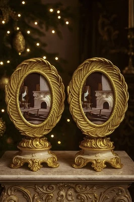 Juego de 2 marcos de fotos barrocos ovalados dorados 4x6 diseño de hojas brillantes estilo vintage Foto 1 de 4