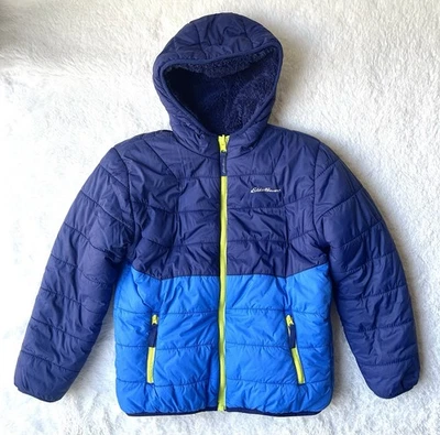 Eddie Bauer Youth Boys M 10/12 Reversible Hooded Puffer Fleece Jacket Blue NEW - Image 1 of 4