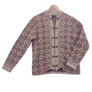 VTG Eagles Eye Cardigan 100% Lambs Wool Tan Floral Print Hook Close Sweater S - Picture 1 of 13