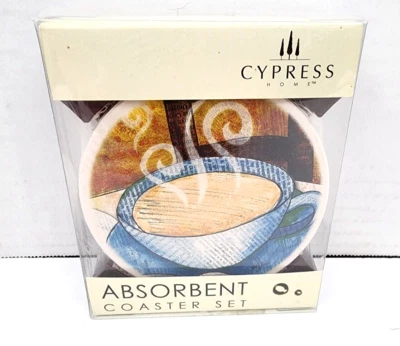 Cypress Caddy with 4  Absorbent Coffee Tea Stone Coasters Set Foto 1 de 4