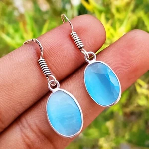 Blue Faceted Topaz Glass 925 Sterling Silver Plated 1 Pair Hook Earring Jewelry - Picture 1 of 3