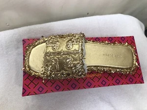 TORY BURCH Double T Burch Slide In Gold/Gold Size 5 Spring Summer NEW - Picture 1 of 11
