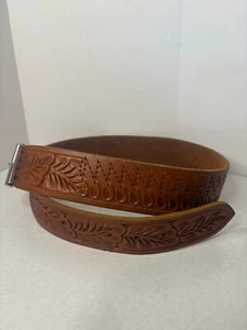 Hand Tooled Leather Belt W/ Leaves, Zigzag, Flower - Picture 1 of 6