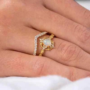 18k white Gold Plated Sterling Silver Natural Opal Oval Cut Engagement Ring Set - Picture 1 of 8