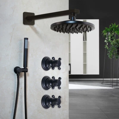 Miscelatore rubinetto doccia a pioggia bagno 8" nero montaggio a parete 3 maniglie rubinetto ottone  - Immagine 1 di 4