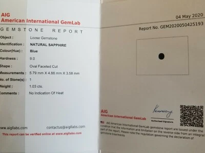 AIG Certified 1.03 Ct Natural Blue Sapphire Unheated Gem for engagement Ring - Image 1 of 4