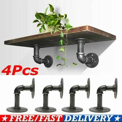 4X Pipe Shelf Brackets Industrial Iron Rustic Wall Floating Shelves Storage Unit - Image 1 of 4