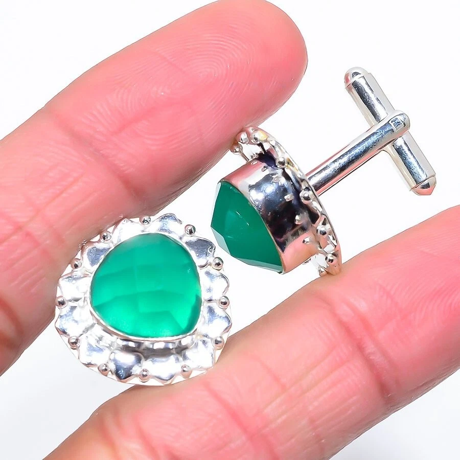 Gemelos de joyería de plata de ley 925 hechos a mano con piedras preciosas de ónix verde Foto 1 de 1