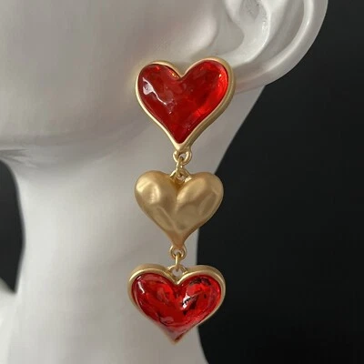 Gripoix Style Heart Pierced Earrings Poured Resin Dangle Matte Gold Red Runway - Image 1 of 4