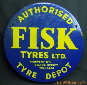 Vintage FISK TYRES Porcelain/Enamel British Sign. Car Gas Auto Oil - Picture 1 of 13
