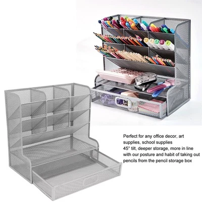 Mesh Pen Organizer 9 Compartments With 1 Pull Out Drawer Upright Storage Iron Pe - Image 1 of 4
