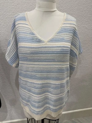 Blusa jersey de cachemir manga corta oversize azul blanco punto St John talla S Foto 1 de 4