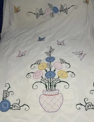 Handmade Bedspread Embroidered Fabric Flowers Butterflies Cottage Chic Vintage - Image 1 of 4