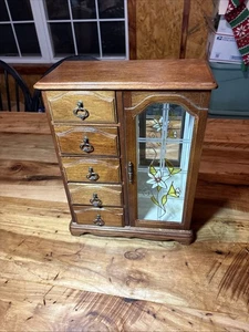 Vintage Holz Schmuckschatulle mit geätzten Blumen auf Glas - 13" x 10" × 5" - SIEHE DETAILS - Bild 1 von 5