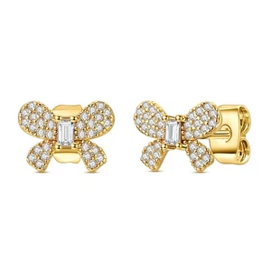 MULA European 925 Sterling Silver Stud Earrings CZ Golden Bow Knot Women Jewelry - Picture 1 of 5