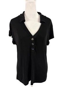 Chico's Travelers 2 L Collared V-Neck Top Short Sleeve Blouse Black Slinky USA - Picture 1 of 10
