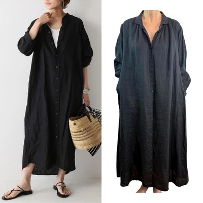 Muji размер XL 14 (10 США) черный льняной длинным рукавом рубашка платье японский дизайнер - Изображение 1 из 4