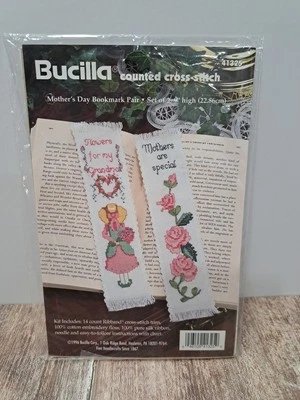Bucilla Counted Cross Stitch Mother's Day Embroidery Bookmark Pair Kit VTG 1996 - Image 1 of 4