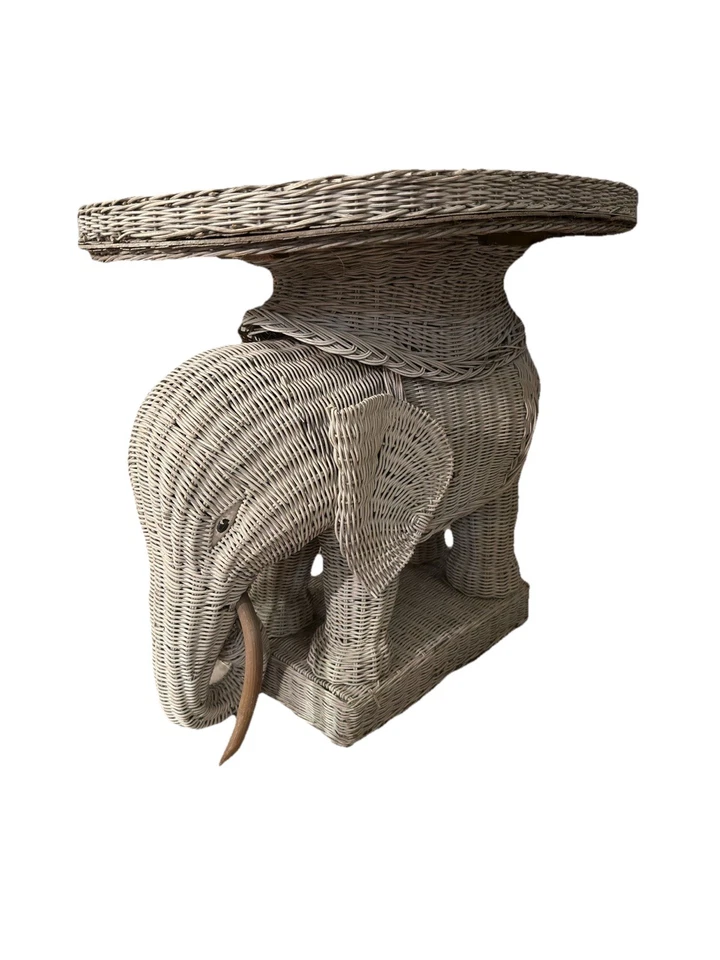 Vintage White Wicker / Rattan Elephant Table w/ Removable Tray Top – Boho - Image 1 of 4