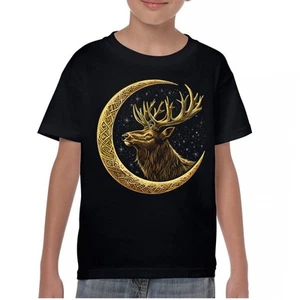 Celtic Moon Elk Youth T-shirt North Mystic Nature Spiritual Nordic Buck Kids - Picture 1 of 50