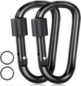 Carabiner Clip, 3" Locking Carabiners, D Ring Shape Caribeaner with Key black - Picture 1 of 7