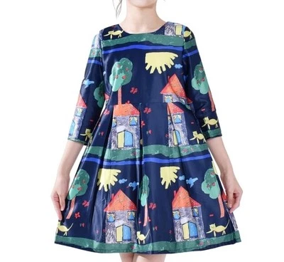 Sunny Fashion Dress Girls Size 12 Child Art Drawing Home With Cats Blue Sateen - Image 1 of 4