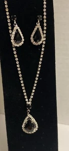 Beautiful Vtg Necklace & Earrings Set With Black & Clear Stones,Pierced, 20” EUC - Picture 1 of 7