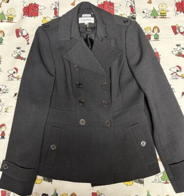 Calvin Klein Stretch Grey Pants Suit, Size 6, Military Style Dbl Breasted Jacket Foto 1 de 4