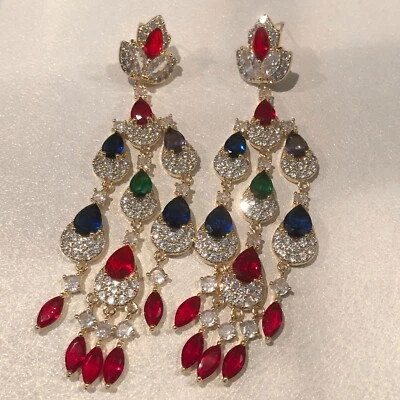 18k Gold Plated Multicolor Gemstone Wedding Chandelier Earrings Women Jewelry - Image 1 of 4