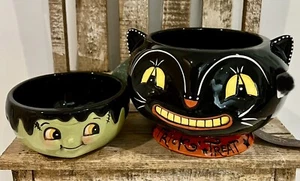 NEW Johanna Parker Halloween Black Cat Trick Or Treat And Frankenstein Bowls - Picture 1 of 4