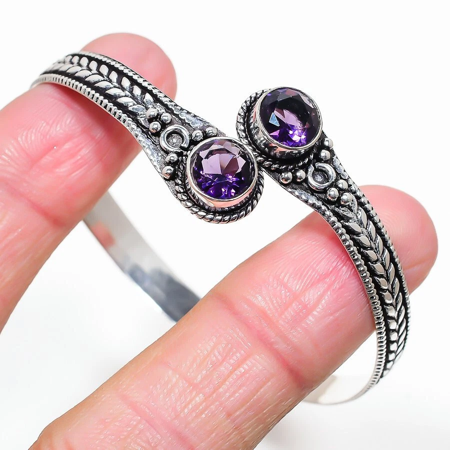 Purple Amethyst Gemstone Handmade 925 Sterling Silever Jewelry Bangel Size 7-8" - Image 1 of 1