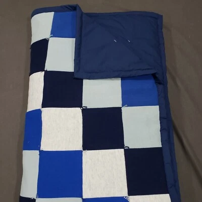 Throw Blanket 50x65 Cozy Blue White Fleece Checkered Patchwork Handmade Gift - Image 1 of 4