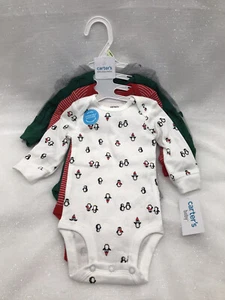 Carters Baby Girls Boys 3 Months 4-pk Long Sleeve Bodysuits Christmas Winter NEW - Picture 1 of 8