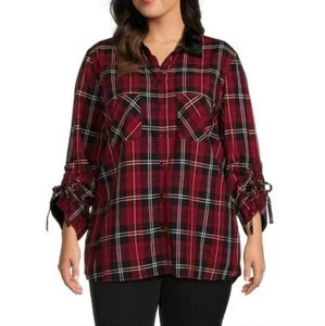 John Mark Tunic Top Women's Plus Size 2X Red Plaid Velvet Collar Cinched Sleeves - Picture 1 of 11