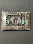 & Turquoise Shadow Box Belt Buckle Rare 1940’s Navajo Heavy Sterling Silver