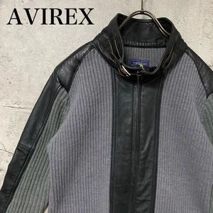 AVIREX Knit Leather Riders Motorcycle Jacket L Black X Gray Width 50cm - Picture 1 of 9