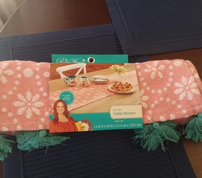 Pioneer Woman Table Runner Daisy Geo Coral Turquoise Tassels NWT  14”W x90”L - Image 1 of 2