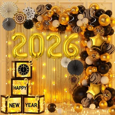 Feliz Año Nuevo Fiesta Decoración Globos Kit Negro y Dorado 2026 Globo Nuevo Sí Foto 1 de 4