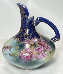 Vintage 6" Ewer Pitcher Hand Painted Floral Blue Gold Unmarked Nippon Porcelain - Picture 1 of 9
