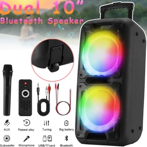 Dual 10" Portable Bluetooth Speaker Heavy Bass Karaoke LED DJ TWS AUX Mic Party - Picture 1 of 16